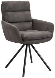 Grauer Armlehnstuhl mit schwarzem Metallgestell, seitliche Perspektive