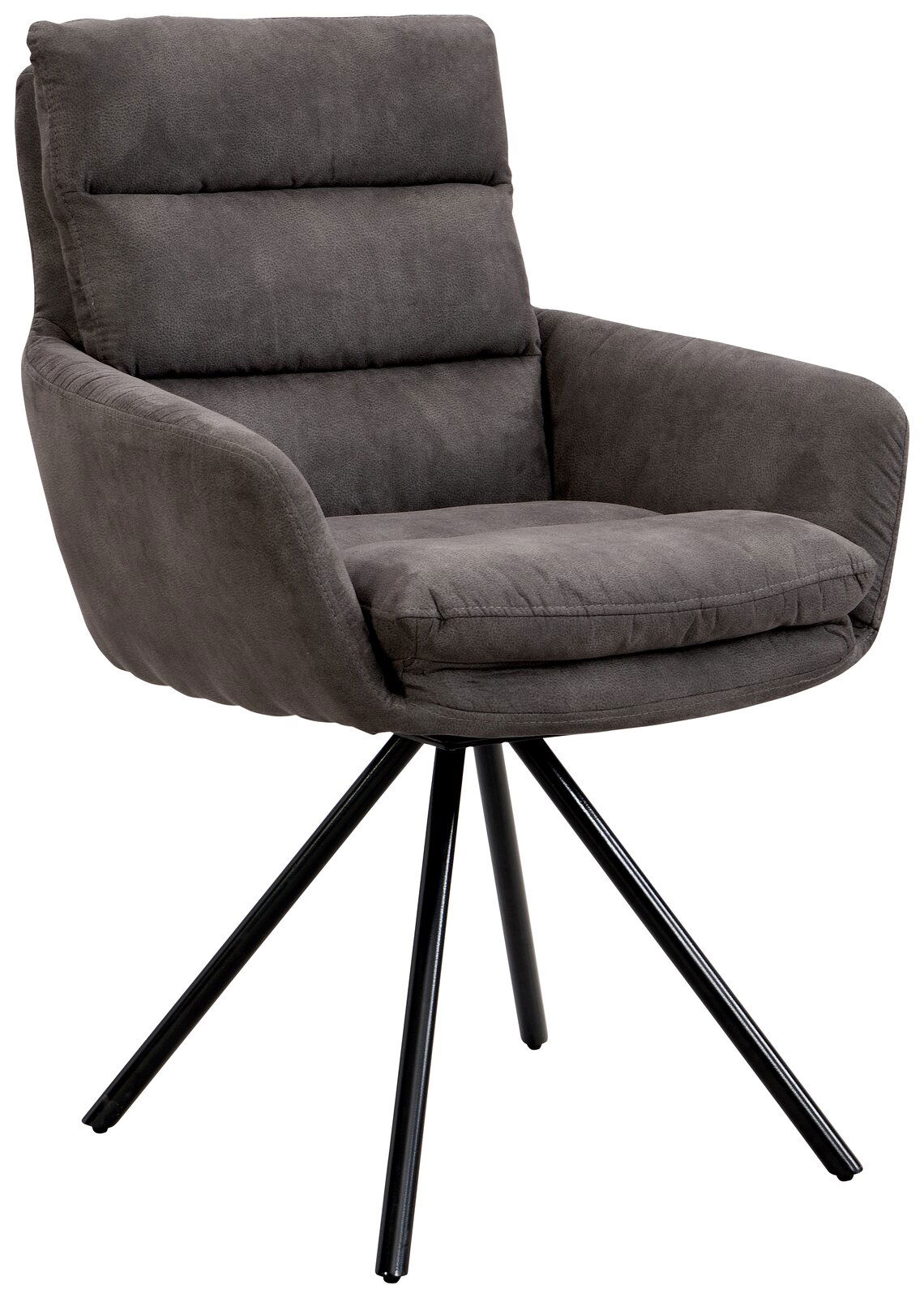 Grauer Armlehnstuhl mit schwarzem Metallgestell, seitliche Perspektive