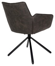 Rückansicht eines modernen Armlehnstuhls mit schwarzem Metallgestell und dunkelgrauer Polsterung.