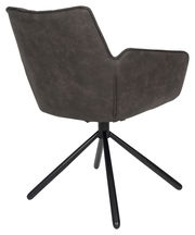 Rückansicht eines modernen Armlehnstuhls mit schwarzem Metallgestell und dunkelgrauer Polsterung.