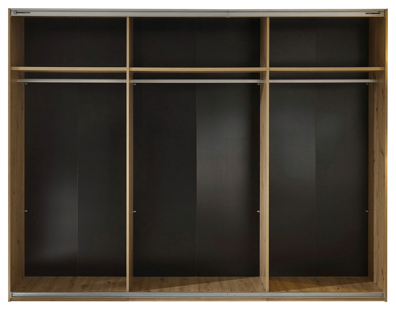 Offener Schwebetürenschrank mit drei Fächern, Holzrahmen und dunkler Rückwand, frontale Ansicht