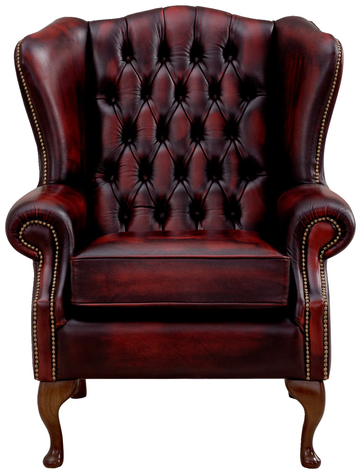 Elegante oorfauteuil van donkerrood leer met knopen, gefotografeerd van voren.
