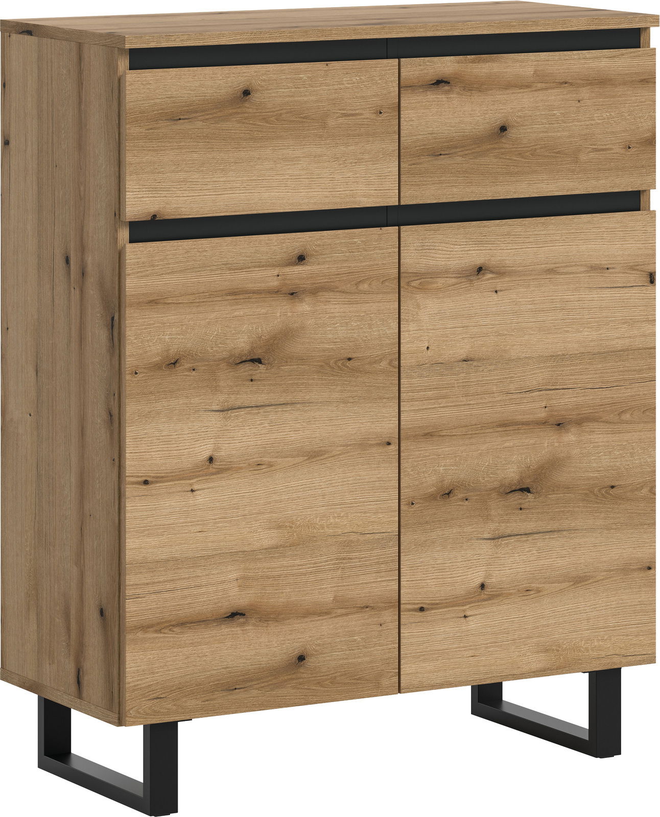 Holzkommode mit zwei Schubladen und zwei Türen, seitliche Perspektive