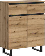 Holzkommode mit zwei Schubladen und zwei Türen, seitliche Perspektive