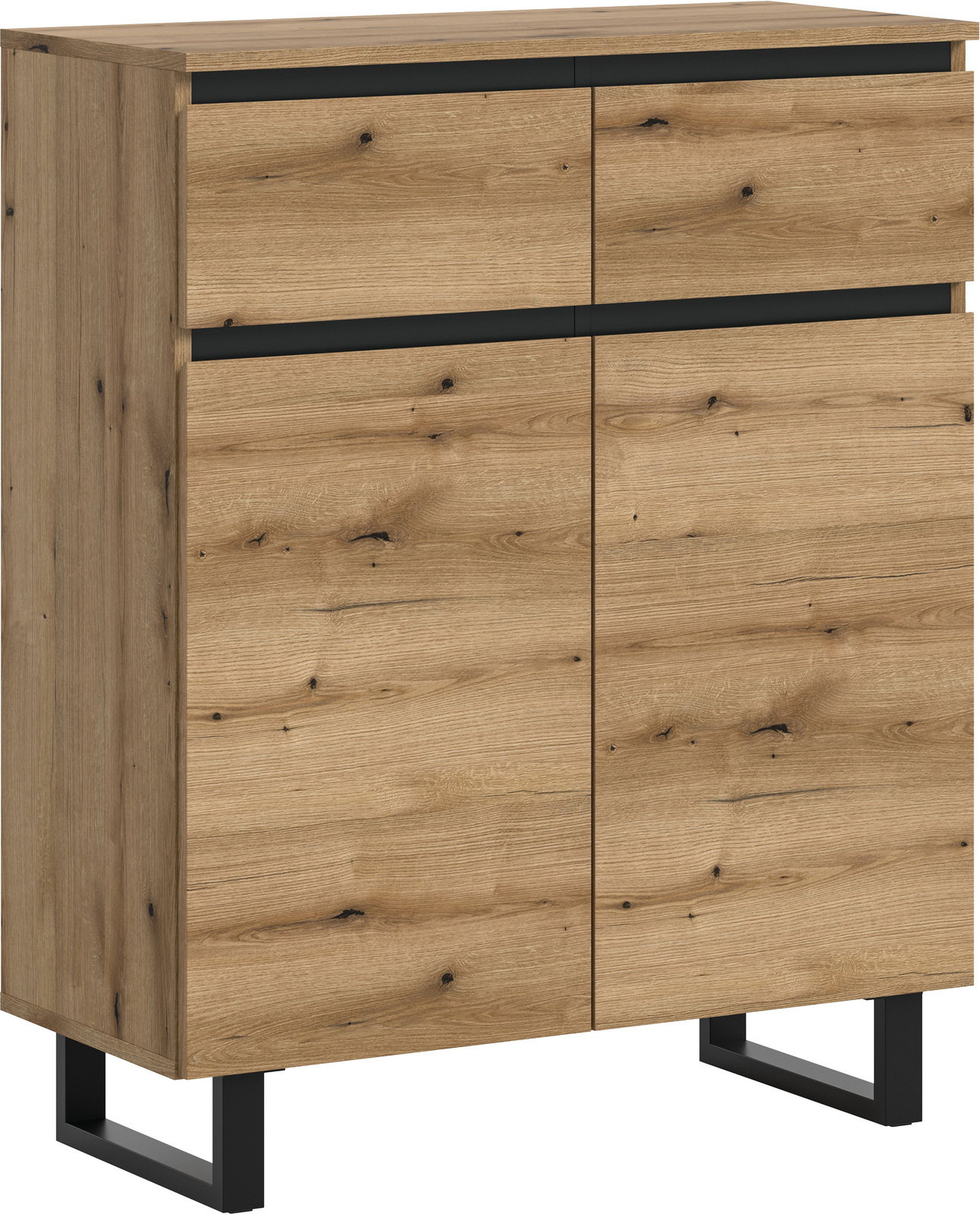 Holzkommode mit zwei Schubladen und zwei Türen, seitliche Perspektive