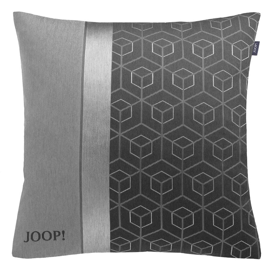 JOOP! Sierkussenhoes J!METRIC Quadratischer JOOP! Zierkissenbezug in Grau mit geometrischem Würfelmuster und vertikalen Streifen, Markenlogo unten links, Frontansicht