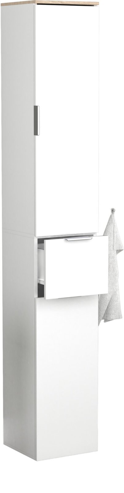 Weißer, schmaler Bad-Hochschrank mit Holzoptik-Abdeckplatte, Tür und Schublade (Schublade geöffnet), Frontansicht leicht seitlich von links seitlich hängt ein Handtuch