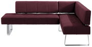 Moderne Eckbank in Bordeauxrot mit Metallbeinen, seitliche Perspektive