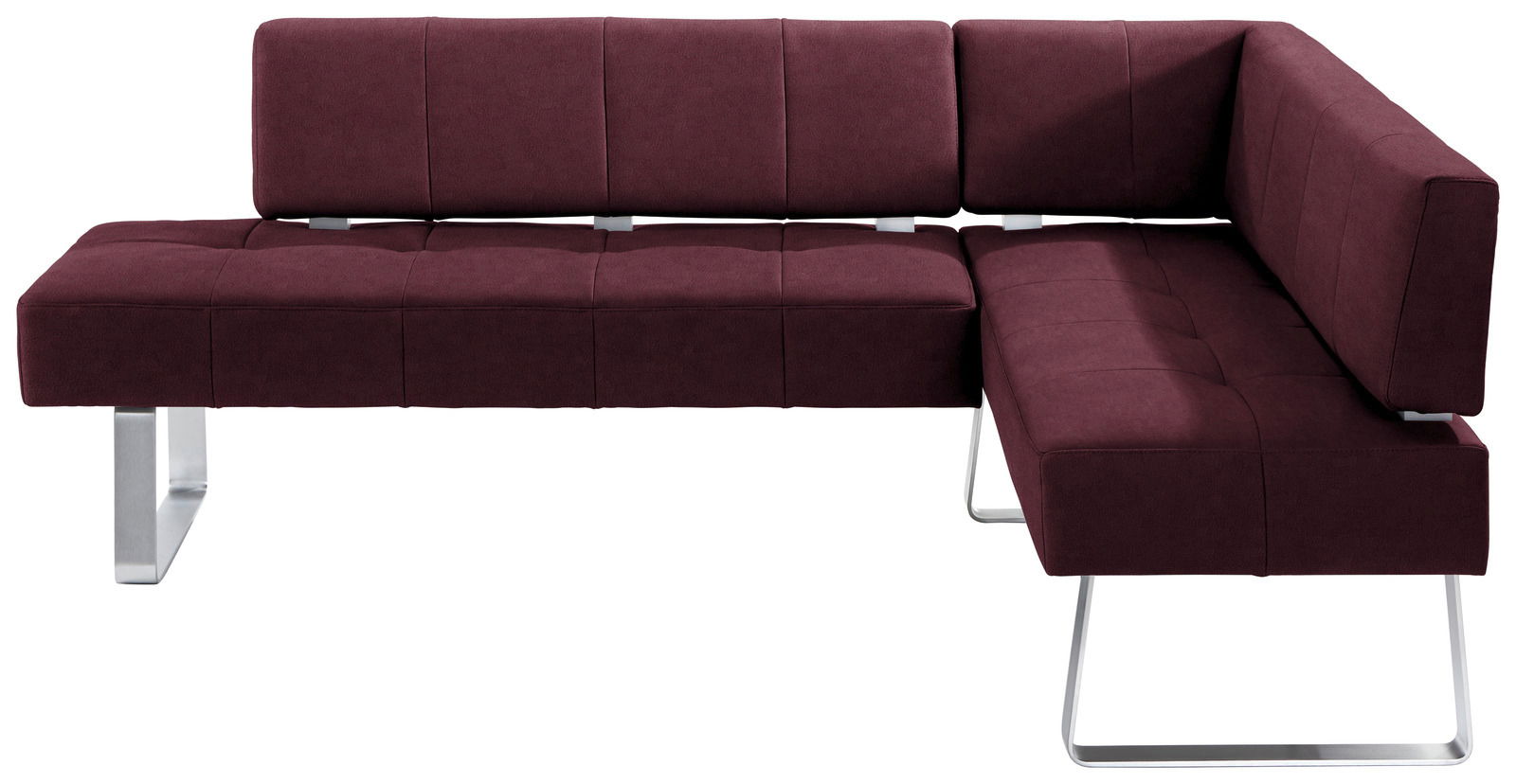 Moderne Eckbank in Bordeauxrot mit Metallbeinen, seitliche Perspektive