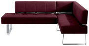 Moderne Eckbank in Bordeauxrot mit Metallbeinen, seitliche Perspektive