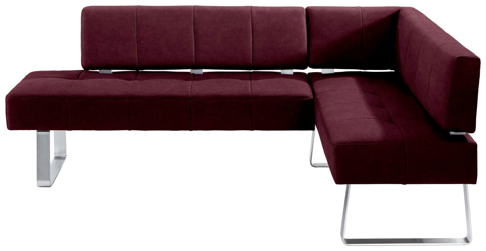 Moderne Eckbank in Bordeauxrot mit Metallbeinen, seitliche Perspektive