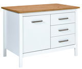 Kücheninsel mit weißem Korpus und Holzarbeitsplatte, Frontansicht