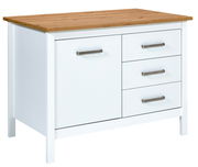 Kücheninsel mit weißem Korpus und Holzarbeitsplatte, Frontansicht