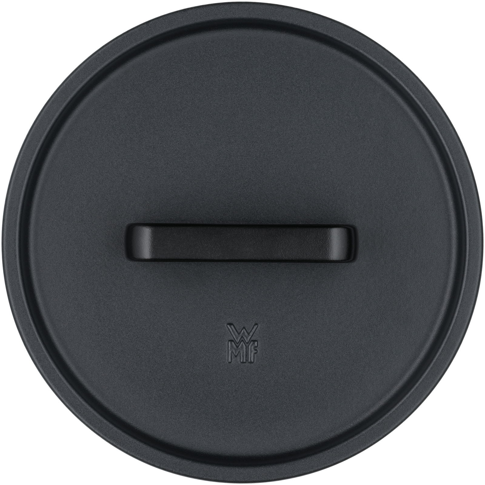 Draufsicht auf einen schwarzen WMF Flavour Bräterdeckel mit Griff.