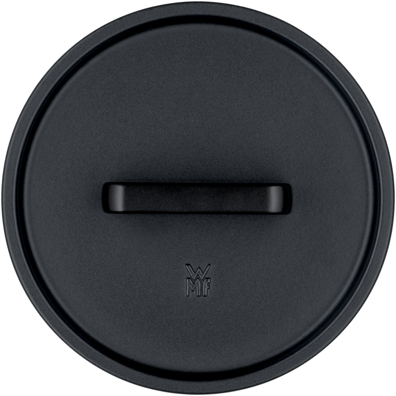 Bovenaanzicht van een zwarte WMF Flavour-braadpan deksel met handvat.