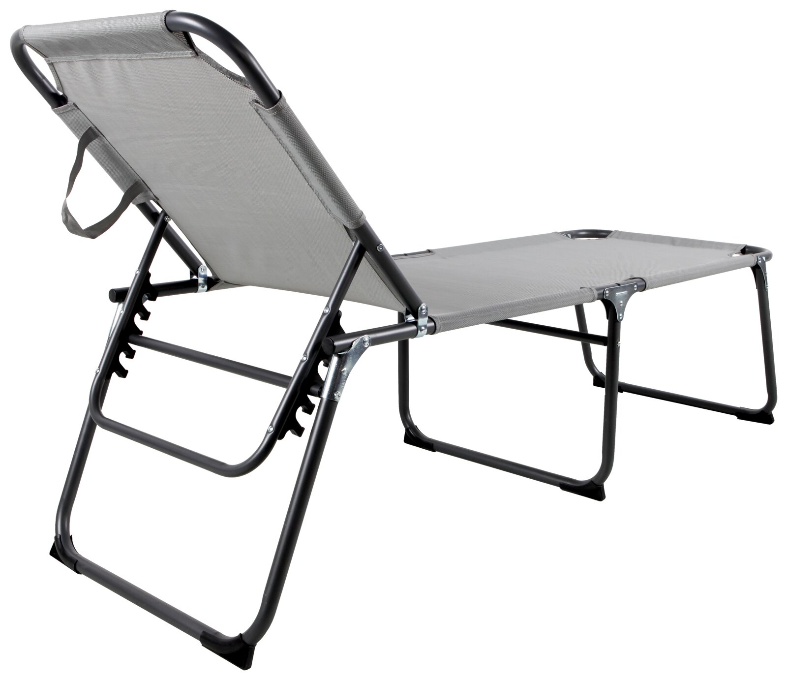 Rückansicht einer grauen Liege mit verstellbarer Rückenlehne und stabilem Metallrahmen.