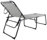 Rückansicht einer grauen Liege mit verstellbarer Rückenlehne und stabilem Metallrahmen.