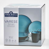 Kombiservice Varese 16-teilig aus Steingut in Blau, Verpackung von schräg vorne fotografiert.