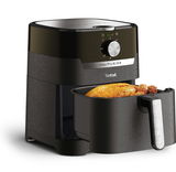 Schwarze Heißluftfritteuse EasyFry & Grill von Tefal mit herausgezogener Schublade und gebratenem Hähnchen, seitliche Perspektive.