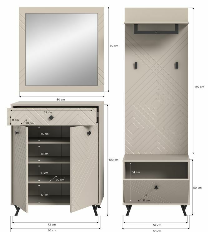 Garderobenkombination in Beige mit geometrischem Muster, bestehend aus einem hohen Schrank mit Haken und einem Spiegel, sowie einem niedrigeren Schrank mit Schubladen und Regalfächern, Vorderansicht.