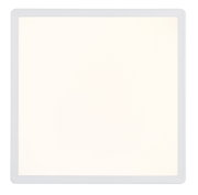 Rechteckiges, weißes LED-Panel/Deckenleuchte mit abgerundeten Ecken, Frontansicht von oben auf weißem Hintergrund