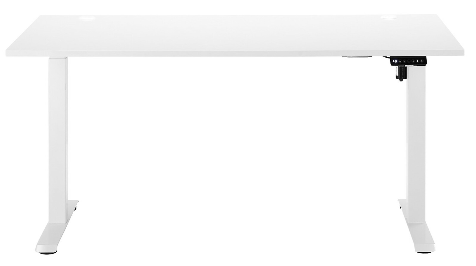 Weißer E-Schreibtisch mit rechteckiger Tischplatte und höhenverstellbaren Beinen, frontal betrachtet.