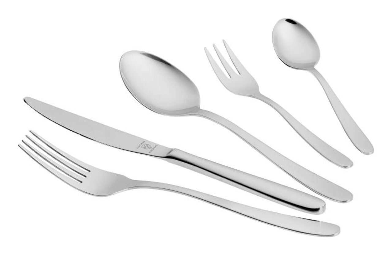Set aus Edelstahlbesteck, bestehend aus Messer, Gabel, Löffel, Kuchengabel und Teelöffel, in schräger Draufsicht.