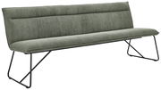 Grüne Sitzbank mit modernem Design und Metallgestell, seitliche Perspektive