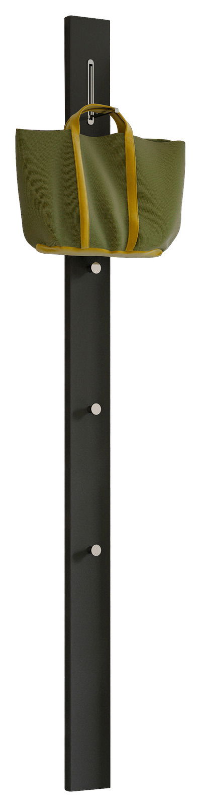 Schwarze Garderobenpaneel-Leiste mit vier Haken, an der ein grüner Beutel hängt, seitliche Perspektive.