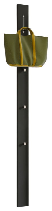 Schwarze Garderobenpaneel-Leiste mit vier Haken, an der ein grüner Beutel hängt, seitliche Perspektive.