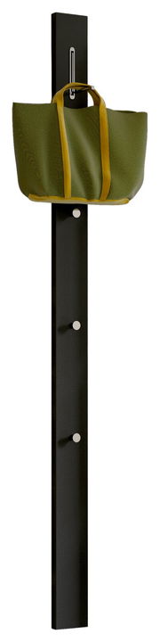 Schwarze Garderobenpaneel-Leiste mit vier Haken, an der ein grüner Beutel hängt, seitliche Perspektive.