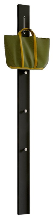 Schwarze Garderobenpaneel-Leiste mit vier Haken, an der ein grüner Beutel hängt, seitliche Perspektive.