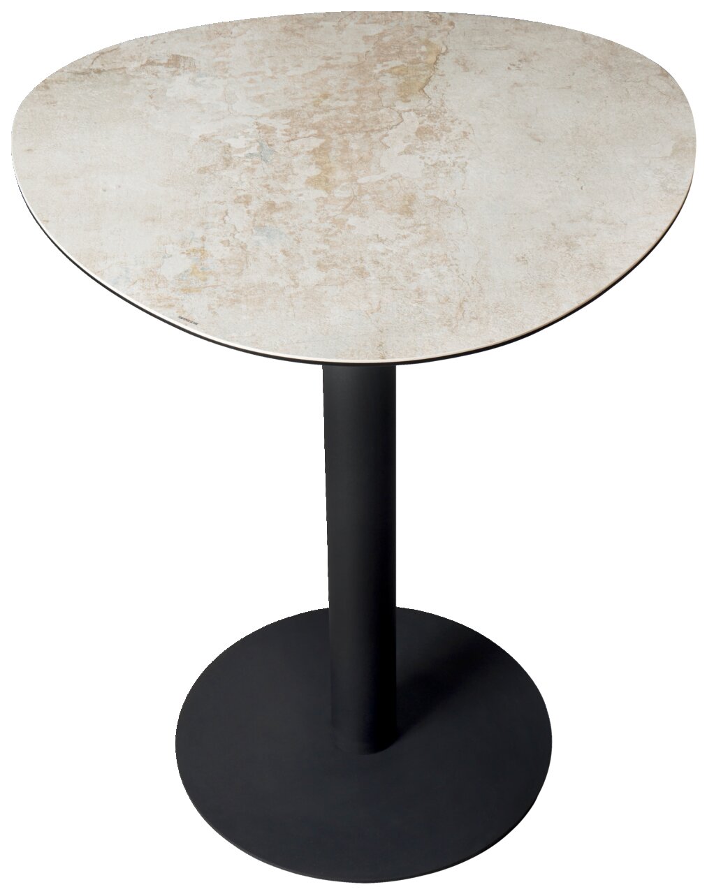 Ronde bartafel met lichtgekleurd tafelblad en zwart onderstel, gezien van bovenaf