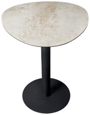 Ronde bartafel met lichtgekleurd tafelblad en zwart onderstel, gezien van bovenaf