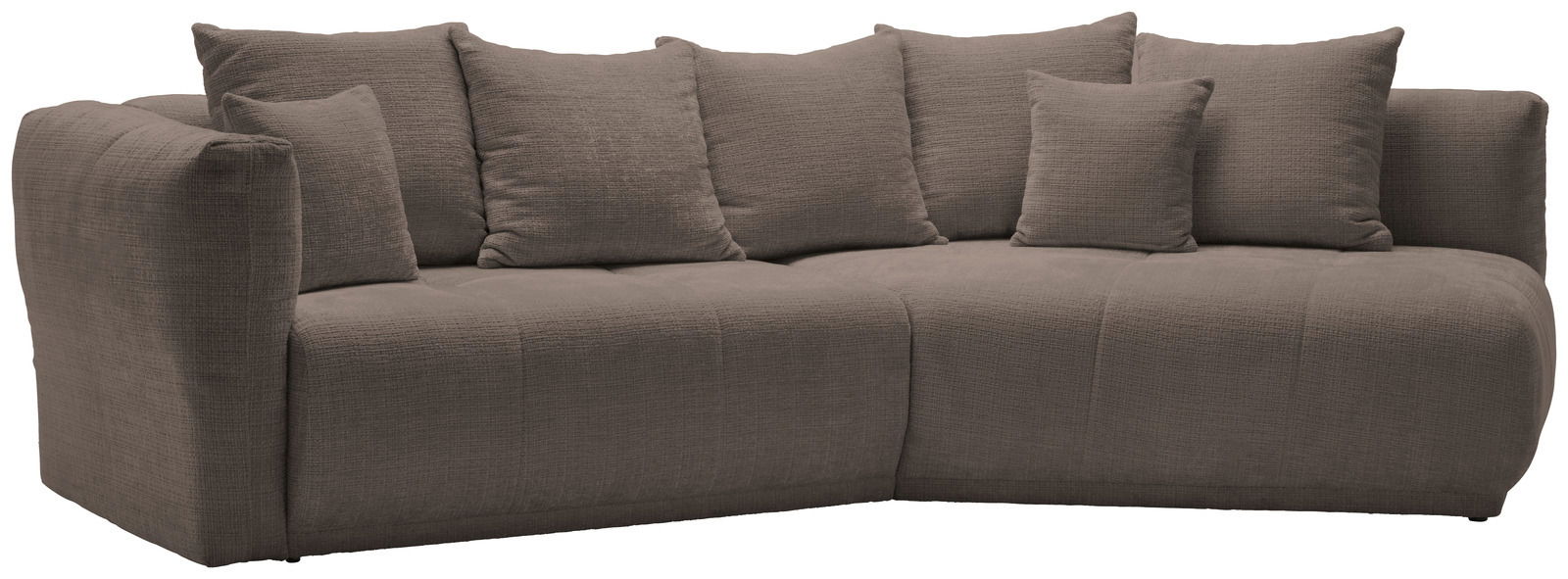Braunes Ecksofa mit mehreren Kissen, seitliche Perspektive