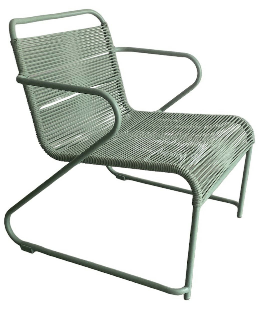 Moderner Gartenstuhl aus Metall mit Armlehnen, seitliche Perspektive