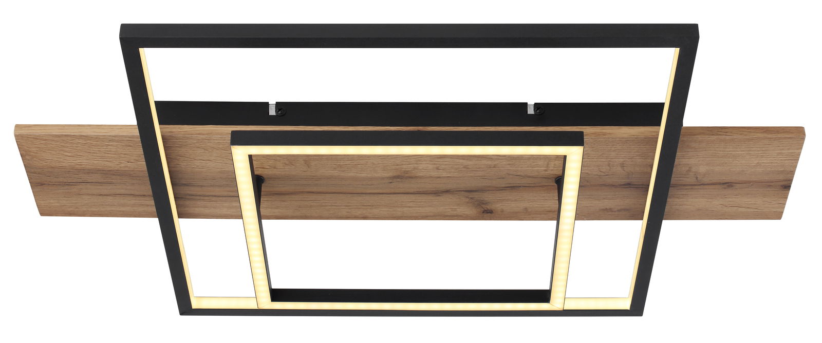 Moderne Deckenleuchte VANNI mit rechteckigem, schwarzem Rahmen und Holzoptik, Ansicht von unten.