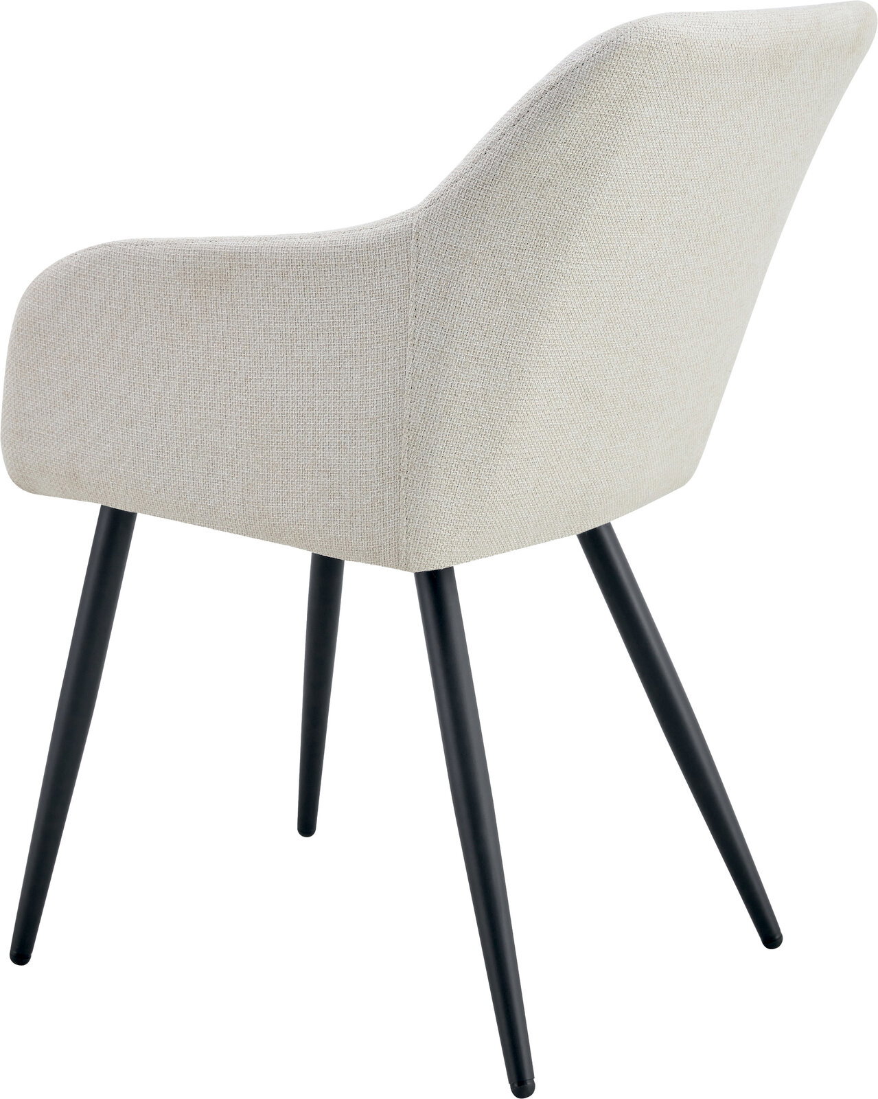 Beiger Polsterstuhl mit Stoffbezug und schwarzen, schräg gestellten Metallbeinen, Seitenansicht leicht von hinten auf weißem Hintergrund.