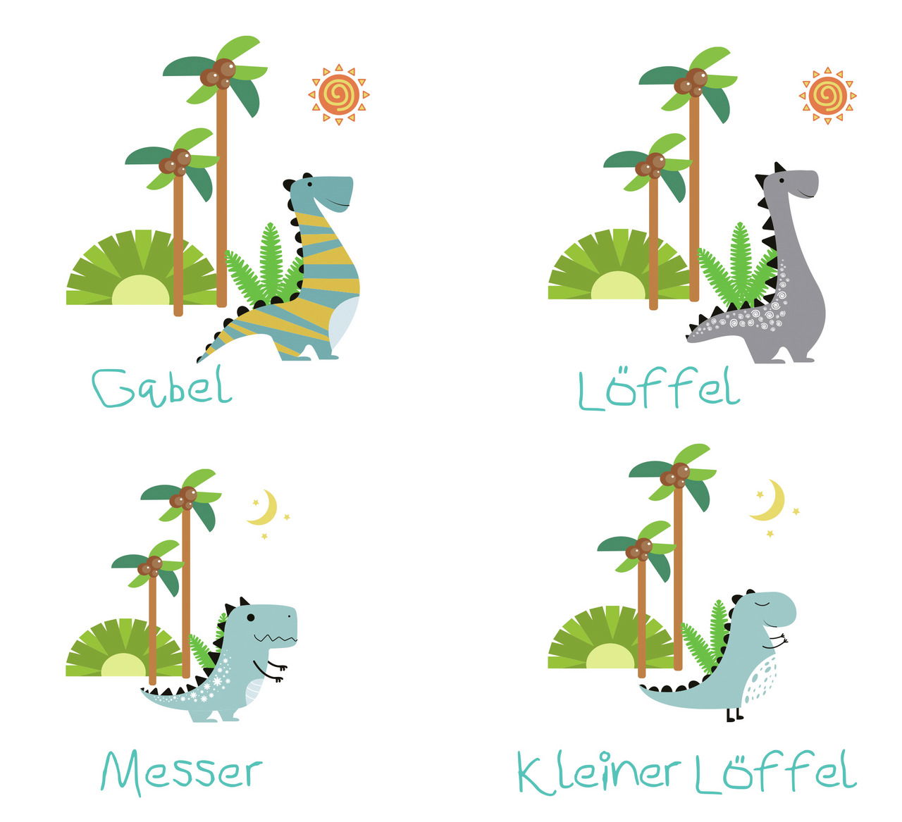 Kinderbesteck-Set DINO mit vier Teilen, bestehend aus Gabel, Löffel, Messer und kleinem Löffel, jeweils mit bunten Dinosauriermotiven und Palmen im Hintergrund, aus der Vogelperspektive.