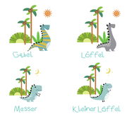 Kinderbesteck-Set DINO mit vier Teilen, bestehend aus Gabel, Löffel, Messer und kleinem Löffel, jeweils mit bunten Dinosauriermotiven und Palmen im Hintergrund, aus der Vogelperspektive.