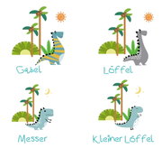 Kinderbesteck-Set DINO mit vier Teilen, bestehend aus Gabel, Löffel, Messer und kleinem Löffel, jeweils mit bunten Dinosauriermotiven und Palmen im Hintergrund, aus der Vogelperspektive.
