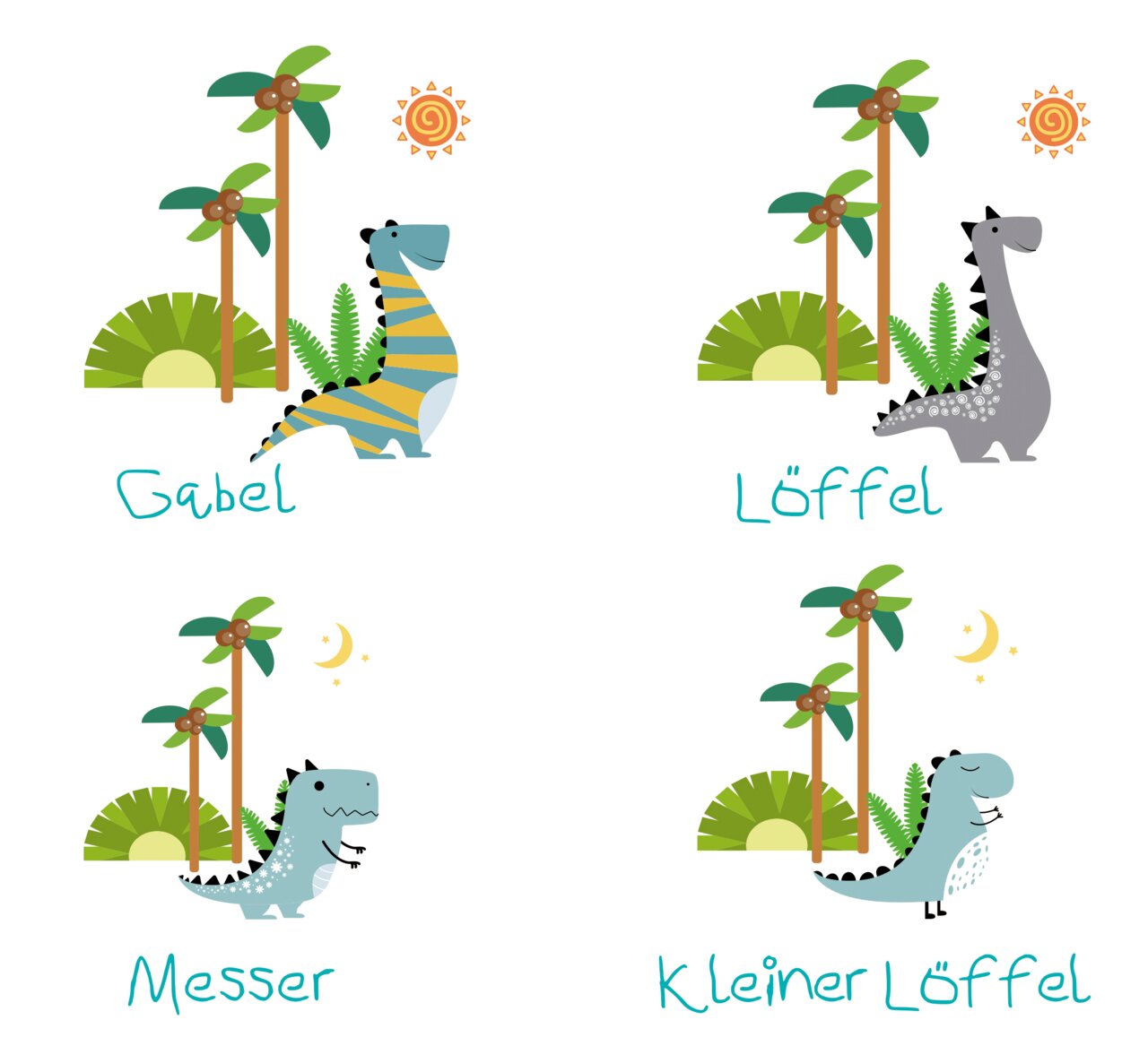 Kinderbesteck-Set DINO mit vier Teilen, bestehend aus Gabel, Löffel, Messer und kleinem Löffel, jeweils mit bunten Dinosauriermotiven und Palmen im Hintergrund, aus der Vogelperspektive.