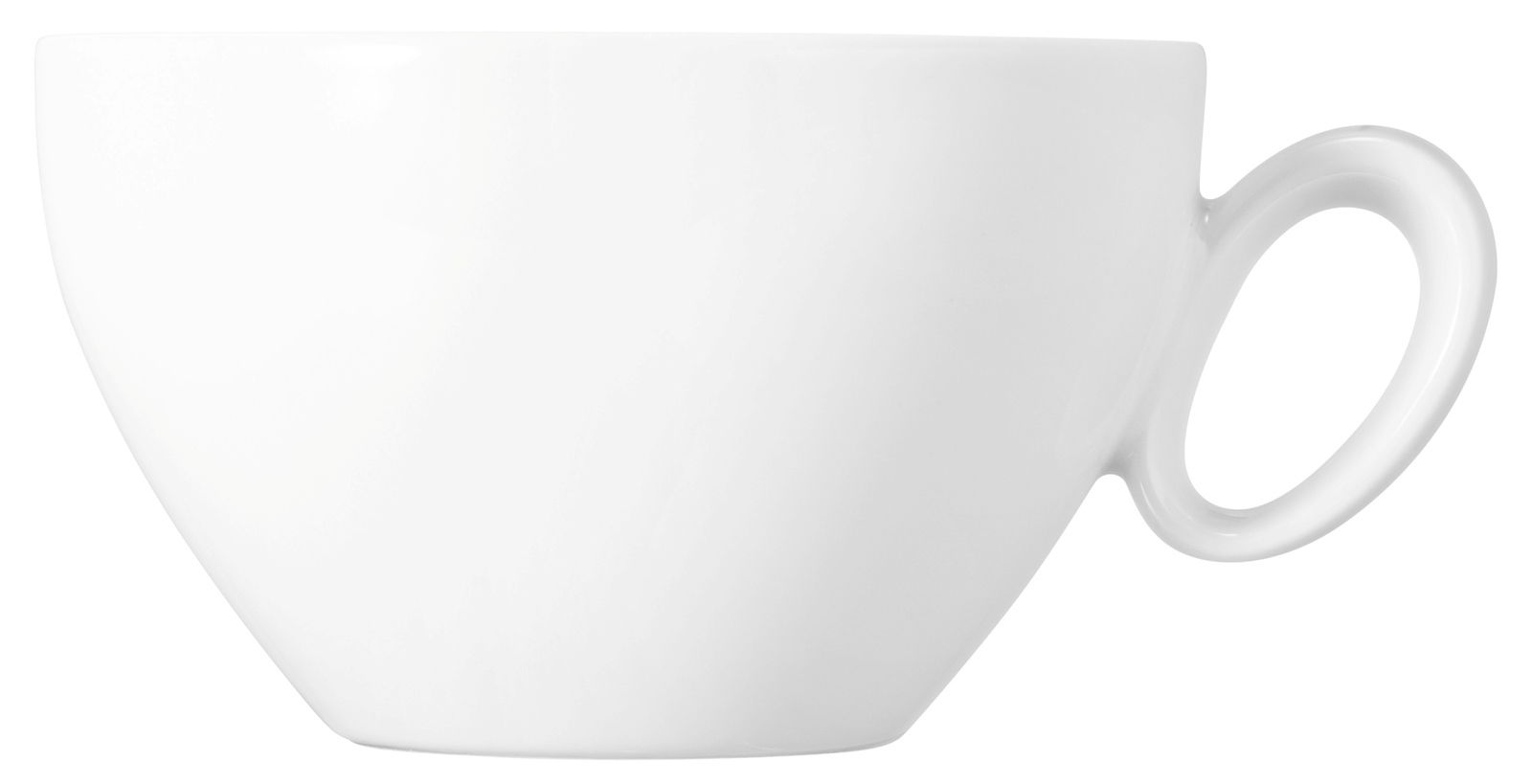 Weiße Milchkaffeetasse mit Henkel, seitliche Ansicht