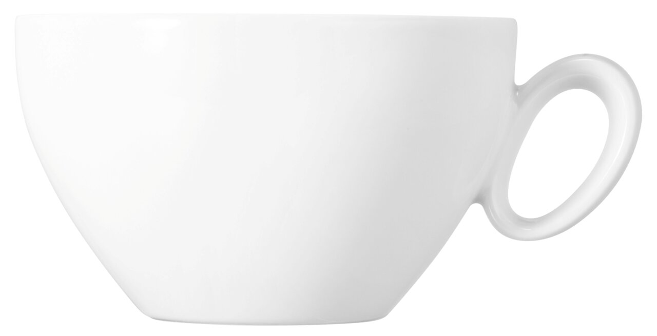 Weiße Milchkaffeetasse mit Henkel, seitliche Ansicht
