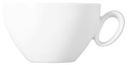 Weiße Milchkaffeetasse mit Henkel, seitliche Ansicht