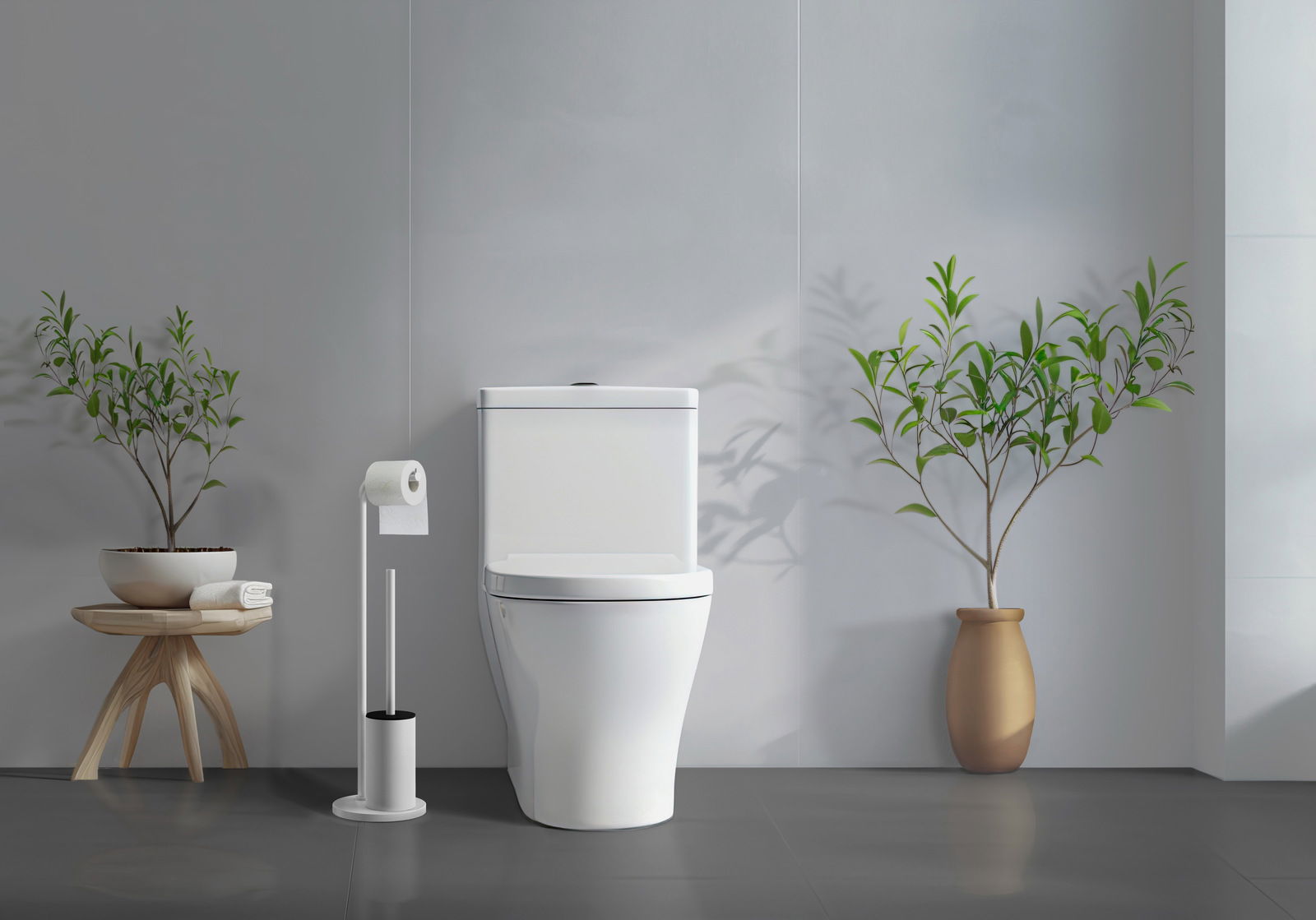 Moderner Toilettenpapierhalter mit WC-Bürste in einem stilvollen Badezimmer, seitliche Perspektive.