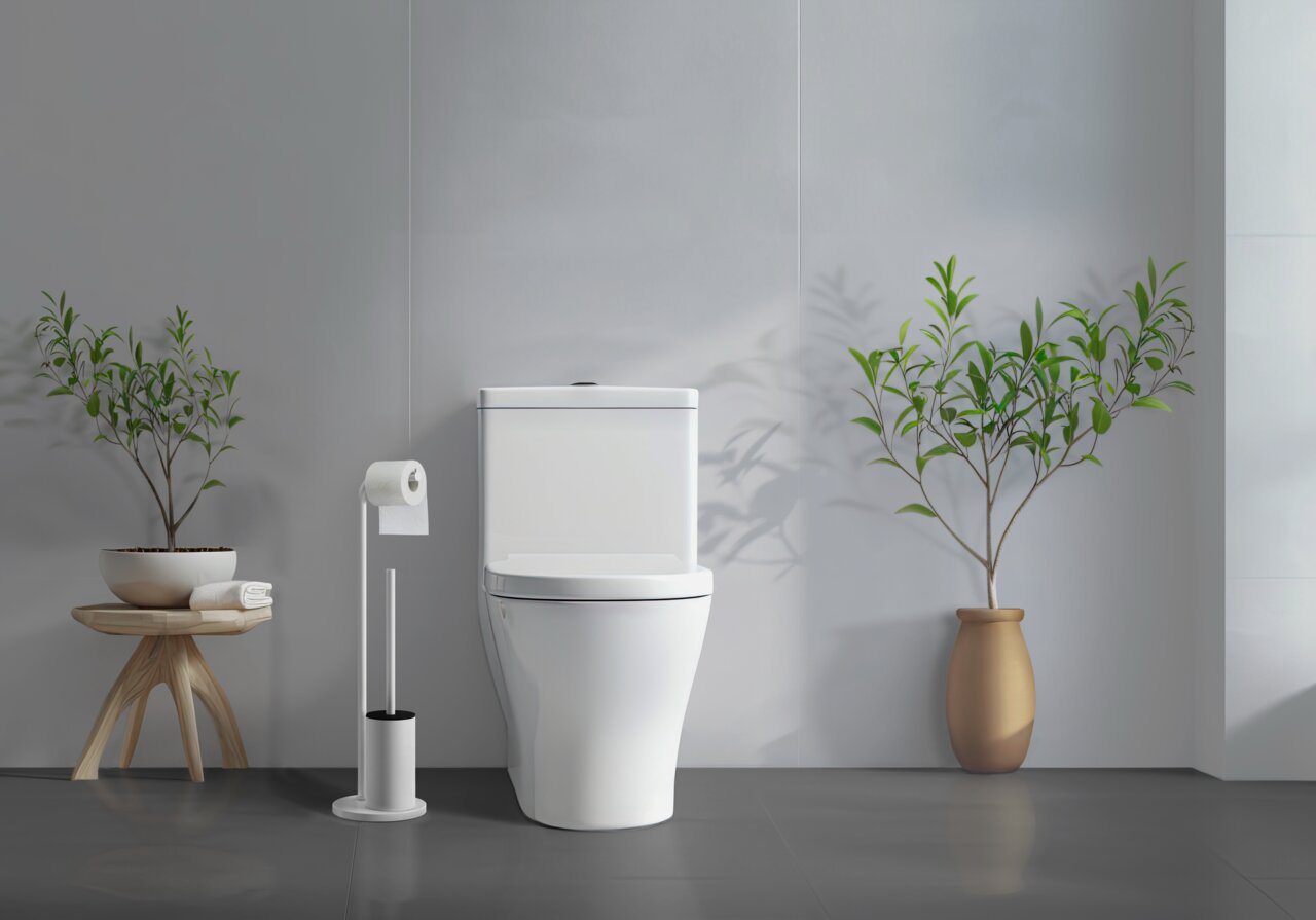Beslagsboden WC-Garnitur Moderner Toilettenpapierhalter mit WC-Bürste in einem stilvollen Badezimmer, seitliche Perspektive.