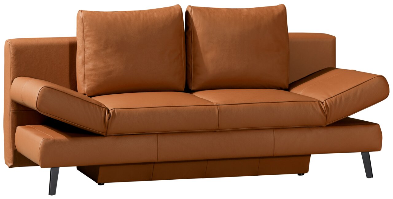 Braunes Querschläfer-Sofa mit verstellbaren Armlehnen, Vorderansicht