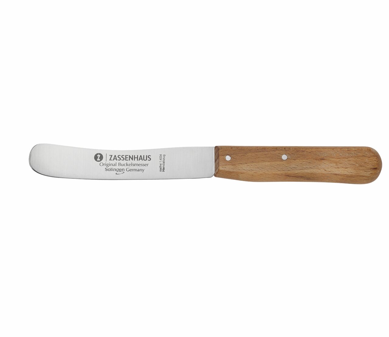 Frontalansicht eines Frühstücksmessers mit Holzgriff und abgerundeter Klinge, Zassenhaus Original Buckelsmesser Solingen Germany.