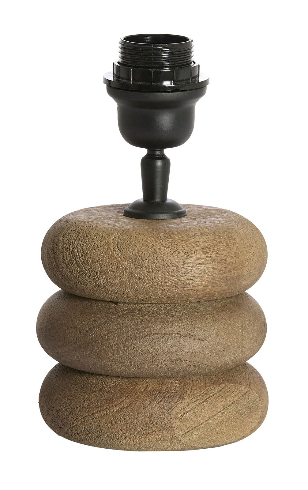 Nahaufnahme eines Lampenfußes aus Holz mit drei übereinander gestapelten, glatten, runden Elementen und einer schwarzen Fassung oben.